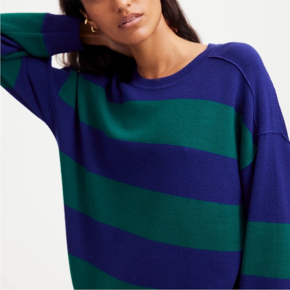 NWT Madewell Merino Wool Pullover Sweater Cobalt Green Navy Stripe L - Picture 2 of 11
